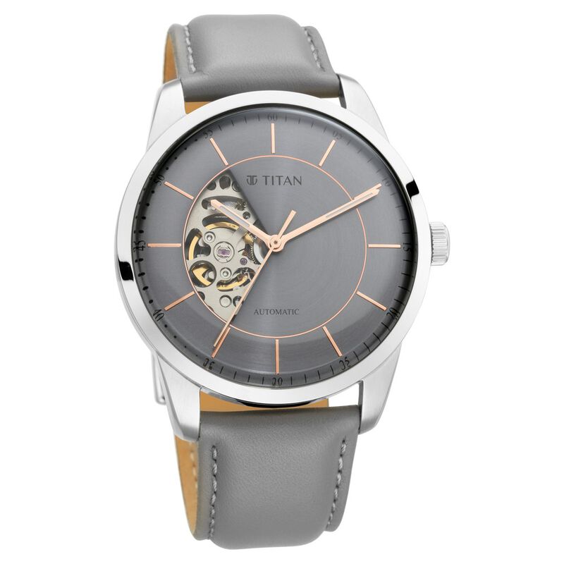 Buy Online Titan Automatics Grey Dial Automatic Leather Strap Watch For Men Ns90126sl01 Titan
