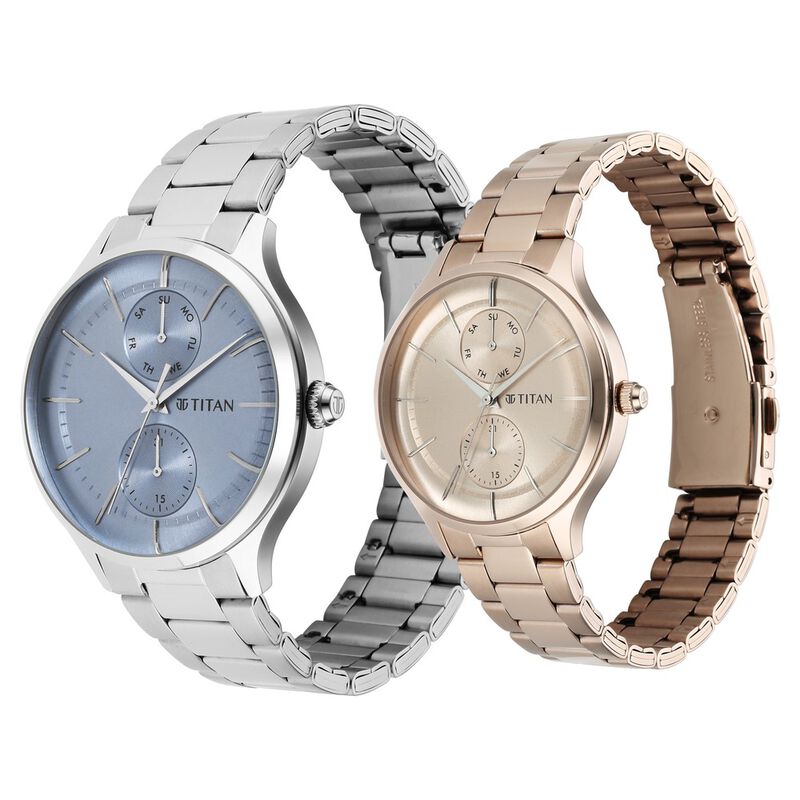 Titan Quartz Analog Blue and Champagne Dial Stainless Steel Strap Watch for  Couple