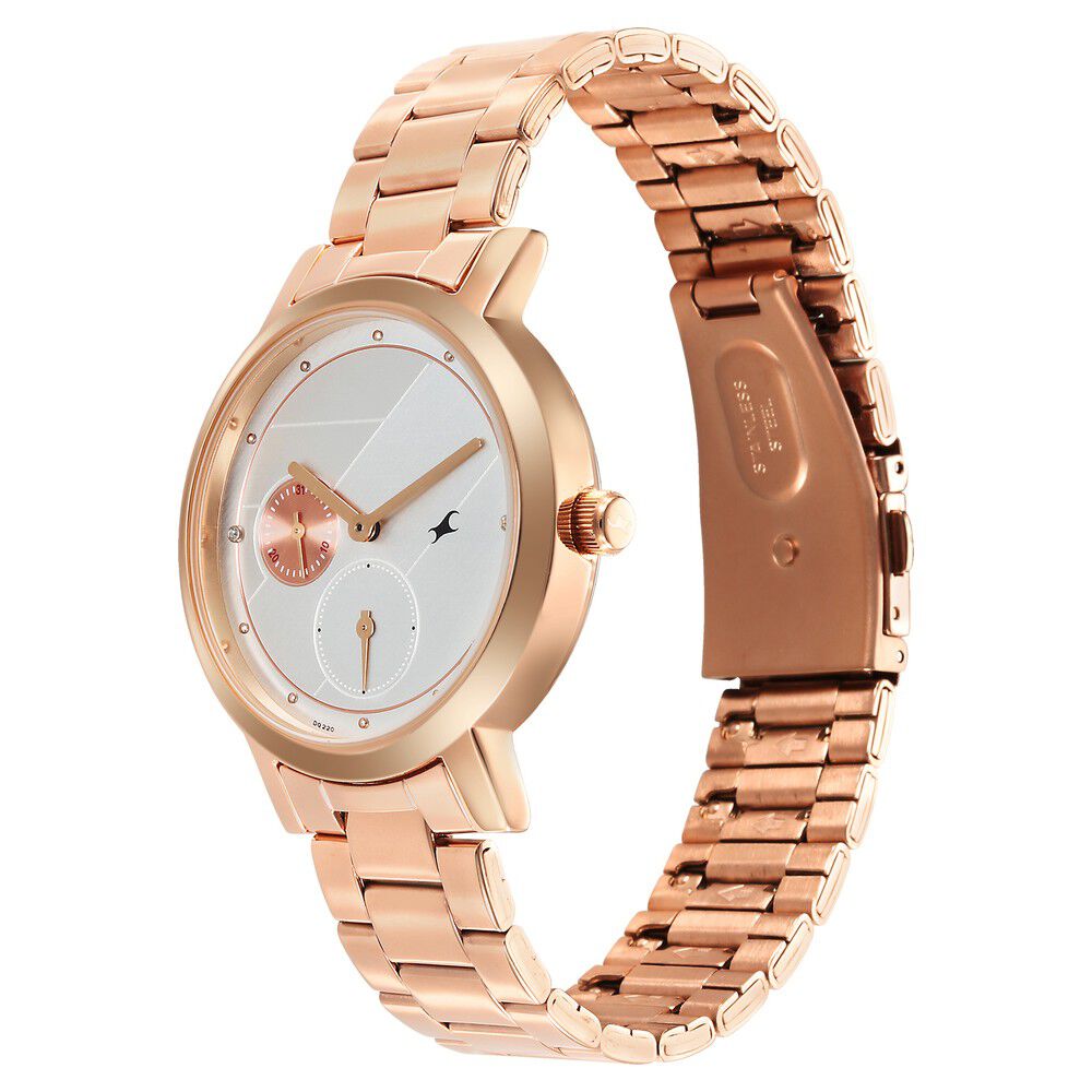Fastrack Tick Tock Quartz Analog Silver Dial With Rose Gold Stainless steel  Strap Watch for Girls