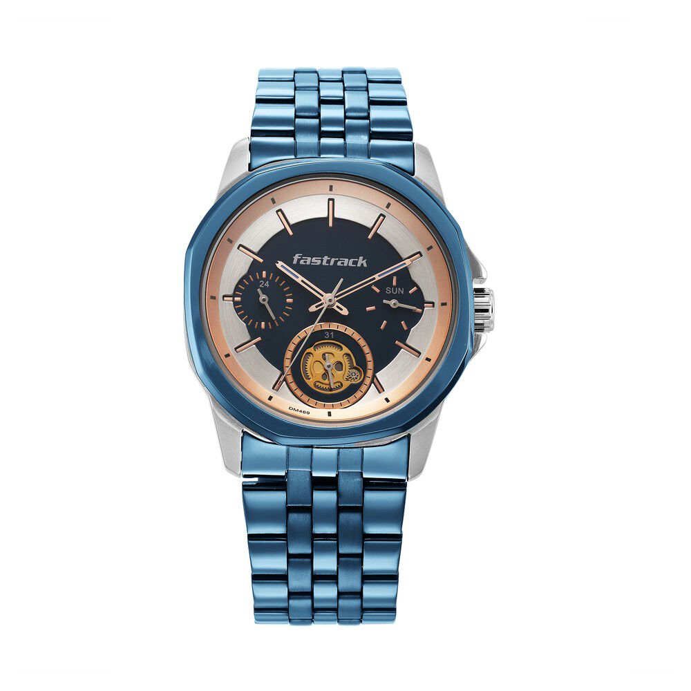 Fastrack Exuberant Quartz Analog Blue Dial Metal Strap Watch for Guys