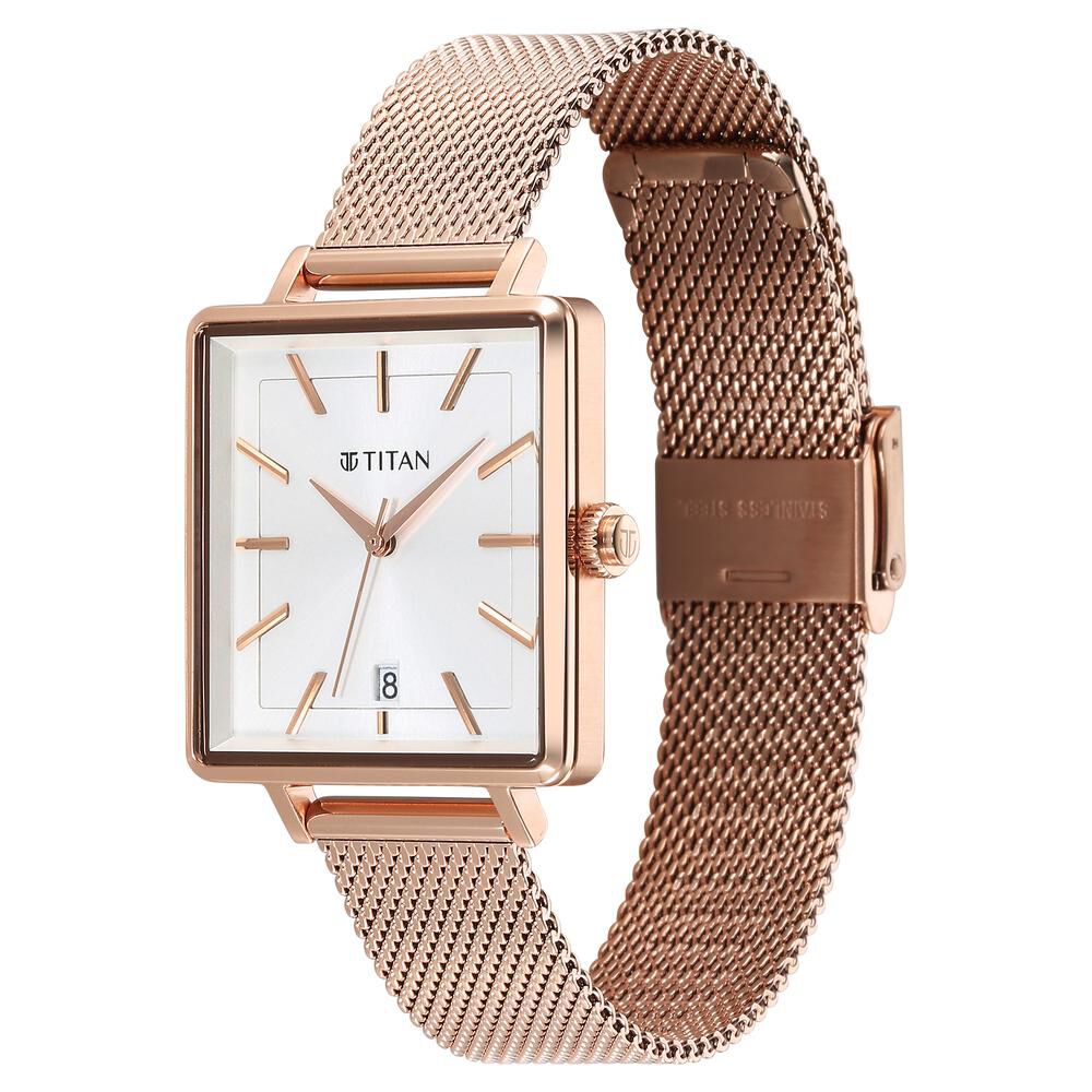 Titan Minimalists Quartz Analog with Date Silver Dial Rose Gold Stainless  Steel Strap Watch for Women