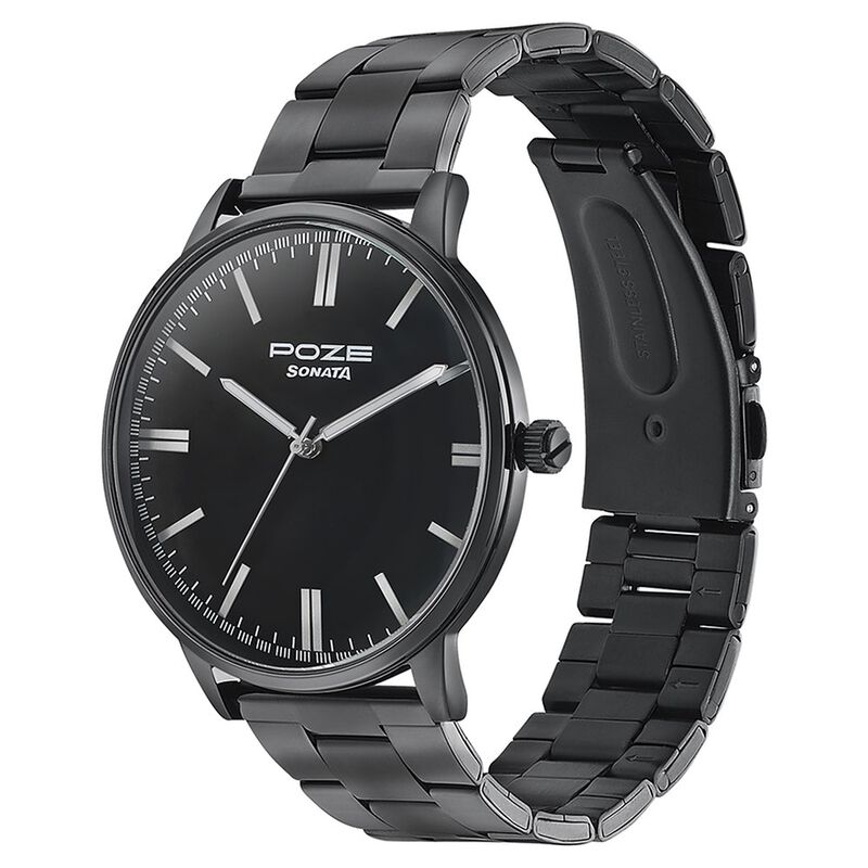 Buy Online Sonata Poze Quartz Analog Black Dial Metal Strap Watch