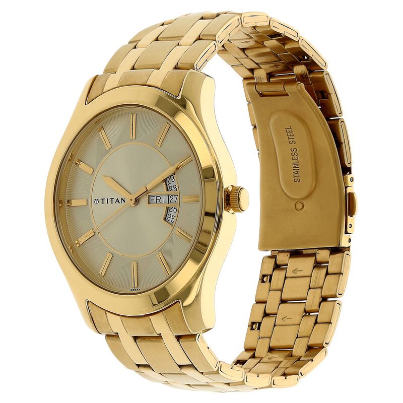 Titan Quartz Analog with Day and Date Champagne Dial Stainless Steel Strap  watch for Men