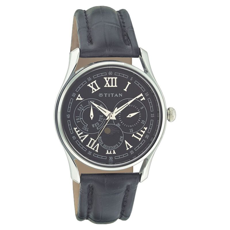 Buy Online Titan Quartz Multifunction Black Dial Leather Strap Watch ...