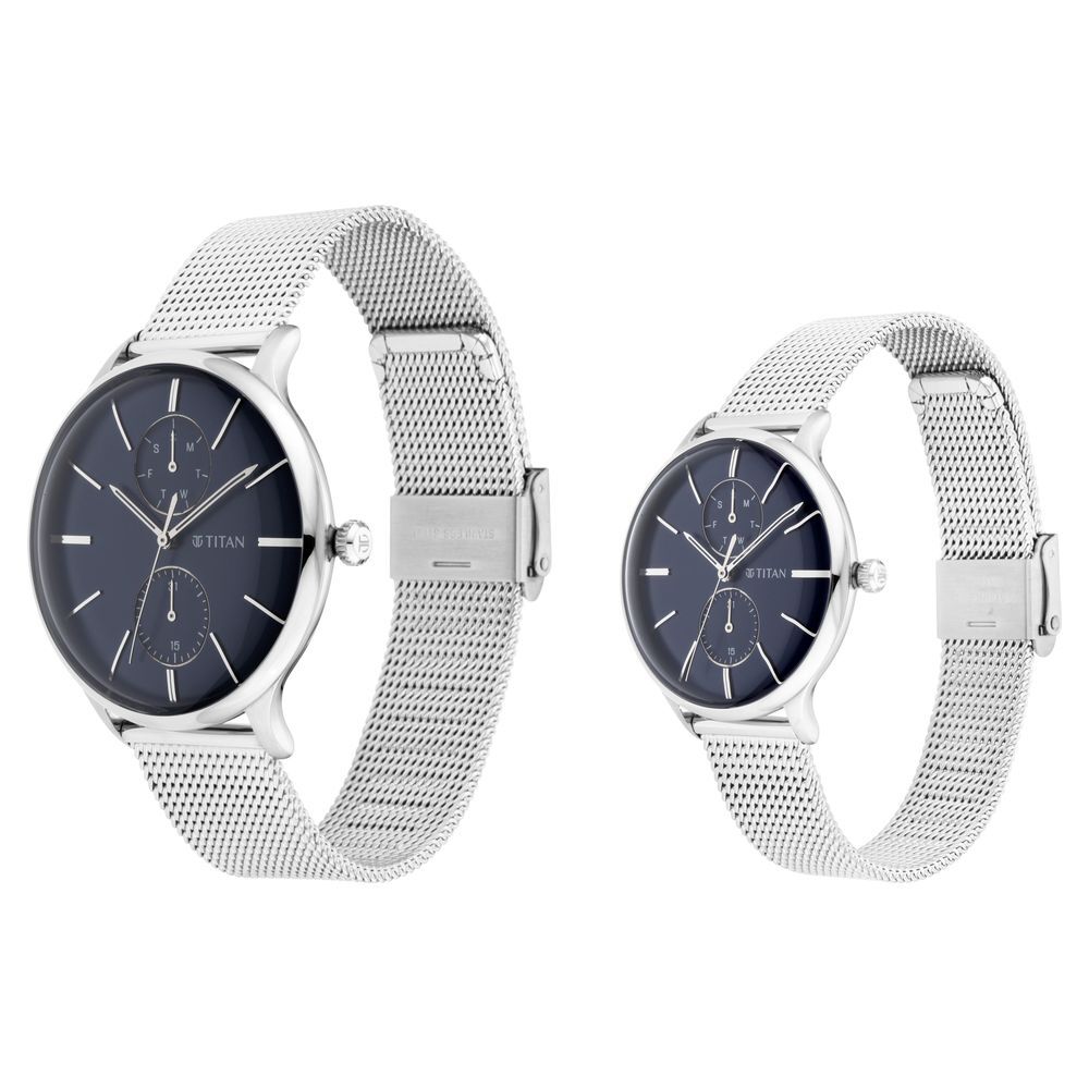 Titan Quartz Multifunction Blue Dial Stainless Steel Strap Watch for Couple