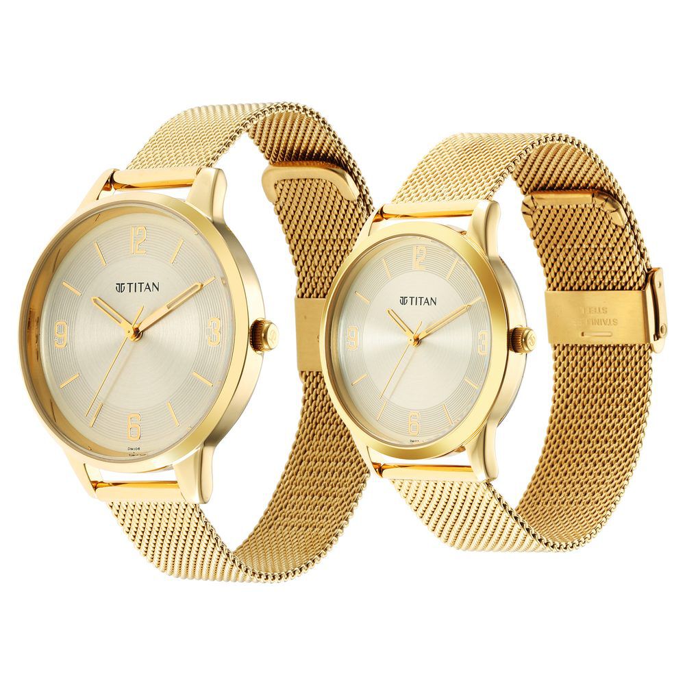 Buy Online Titan Karishma Bandhan Champagne Dial Analog Stainless Steel  Strap watch for Couple - 18242712ym01p | Titan