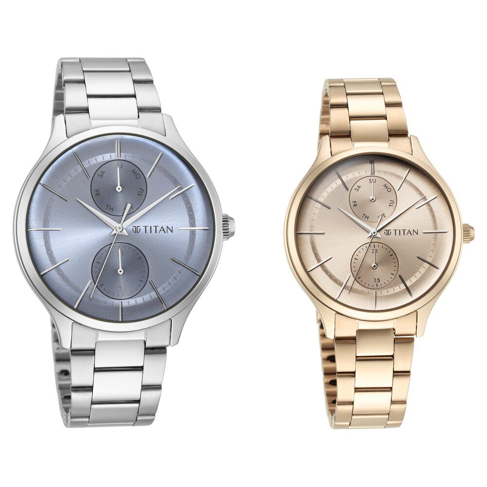 Buy Online Titan Bandhan Silver Dial Analog with Date Stainless Steel Strap  watch for Couple - nm94402554km01p | Titan