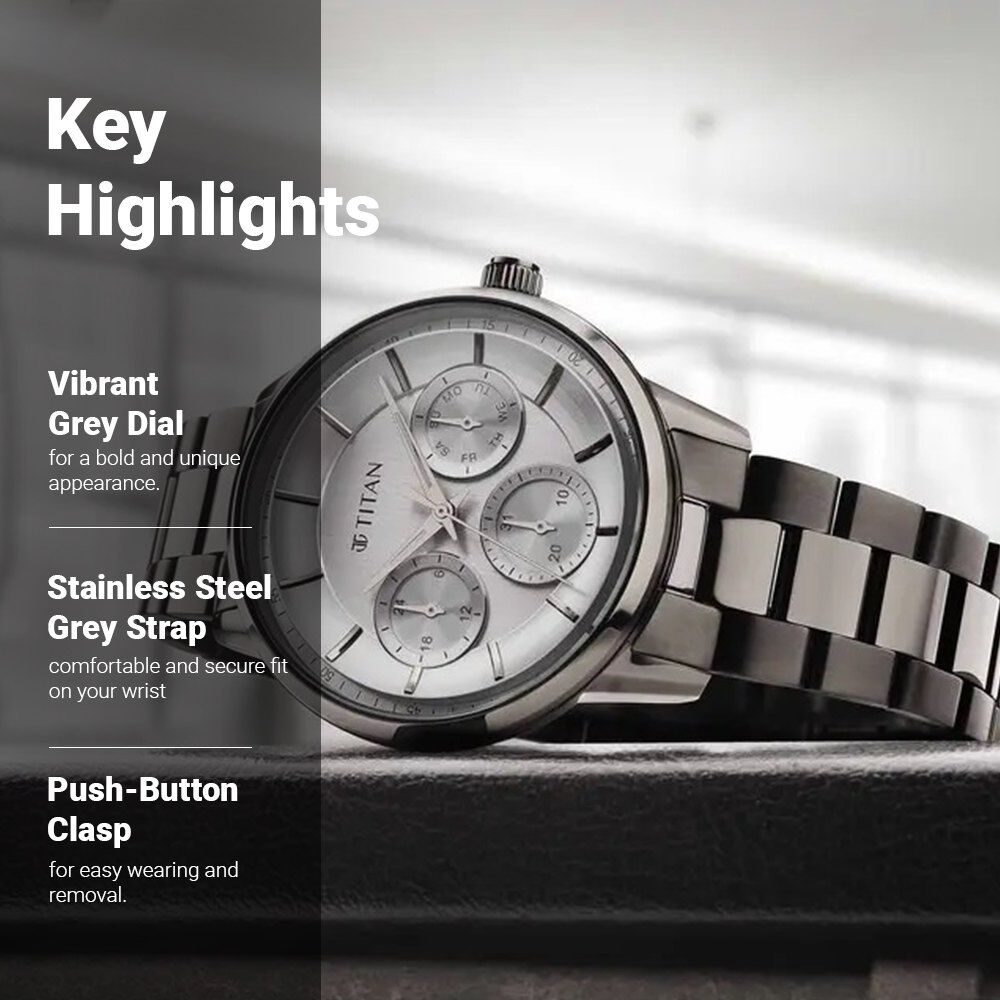 Titan Urban Magic Grey Dial Quartz Multifunction Stainless Steel Strap  watch for Men