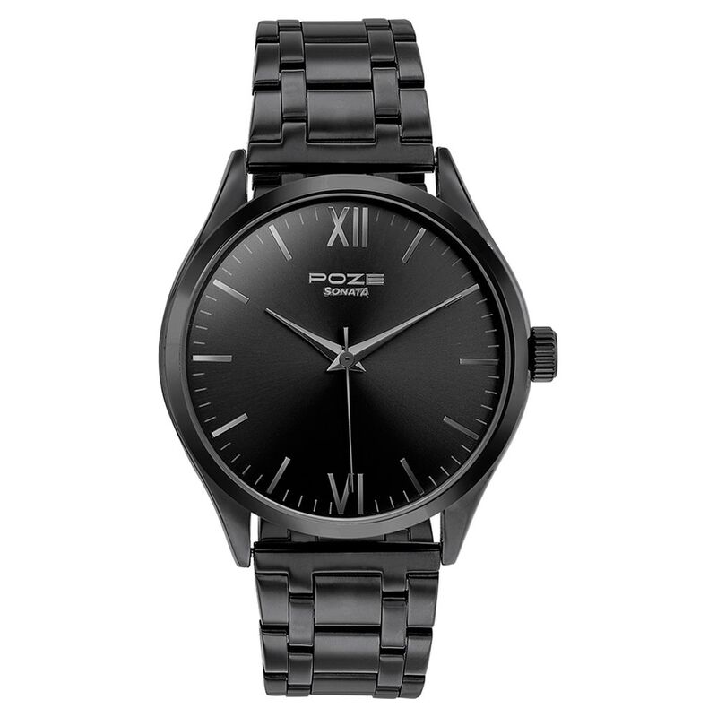 Buy Online Sonata Poze Quartz Analog Black Dial Metal Strap Watch