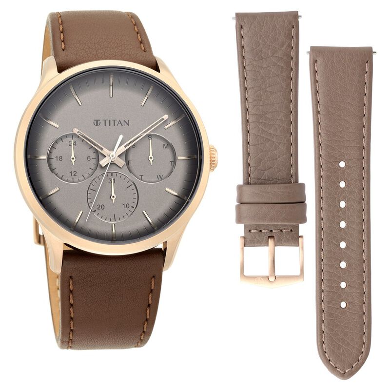 Buy Online Titan Quartz Multifunction Grey Dial Leather Strap Watch For Men 90125wl03p Titan