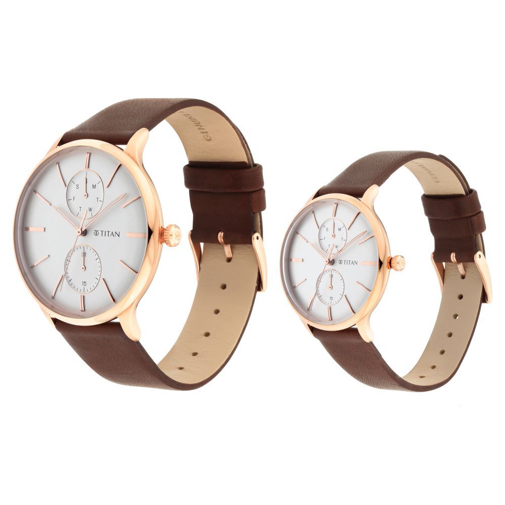 Buy Online Titan Bandhan White and Mother of Pearl Dial Analog with Date  Leather Strap watch for Couple - nr9400494204wl01p | Titan