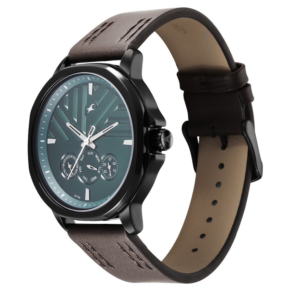 Fastrack Fleek Quartz Multifunction Green Dial Leather Strap Watch for Guys