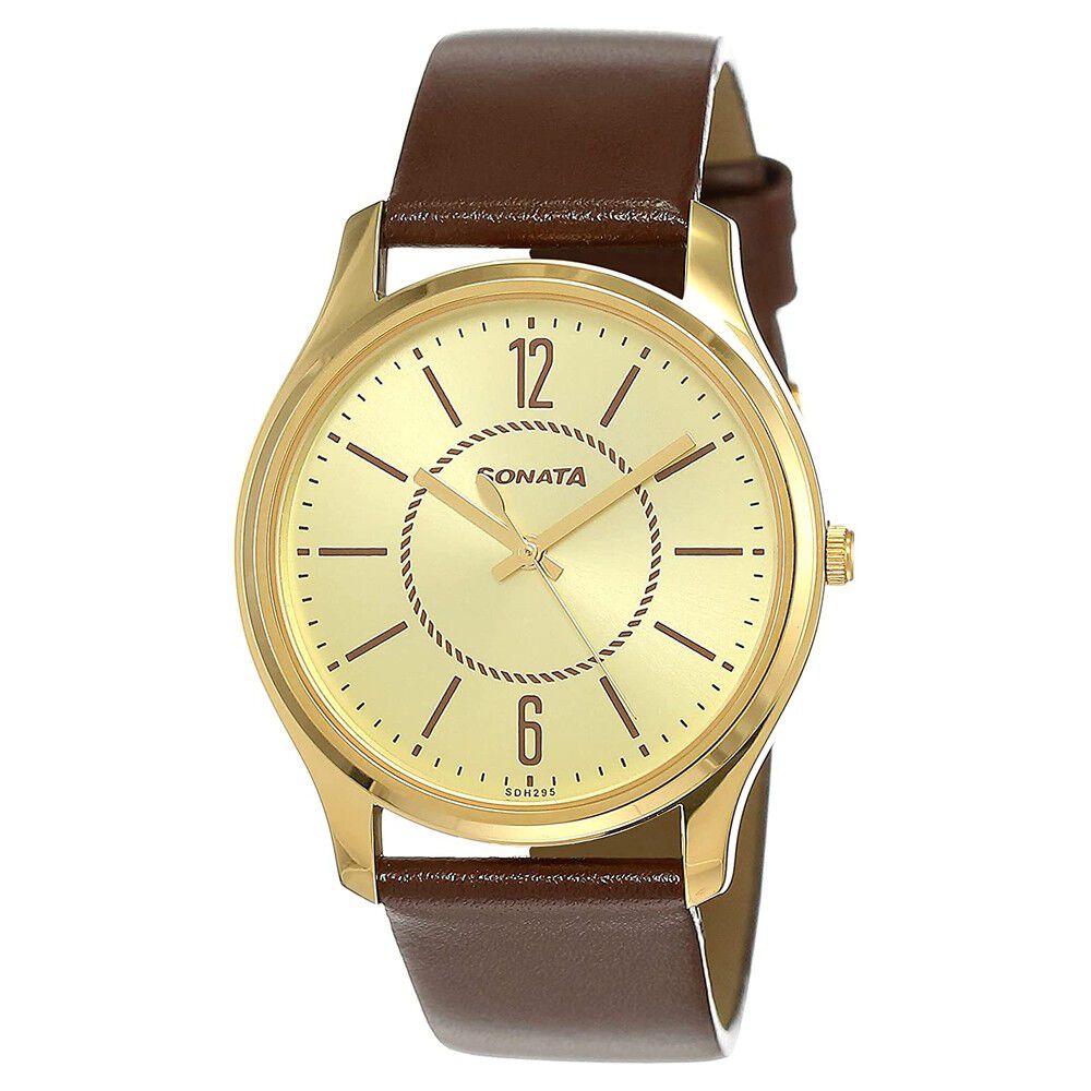 Sonata Quartz Analog Champagne Dial Leather Strap Watch for Men