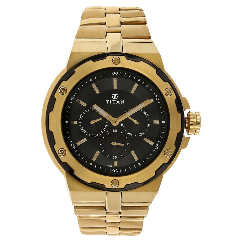 Titan Black and Gold Black Dial Quartz Multifunction Stainless Steel Strap  watch for Men