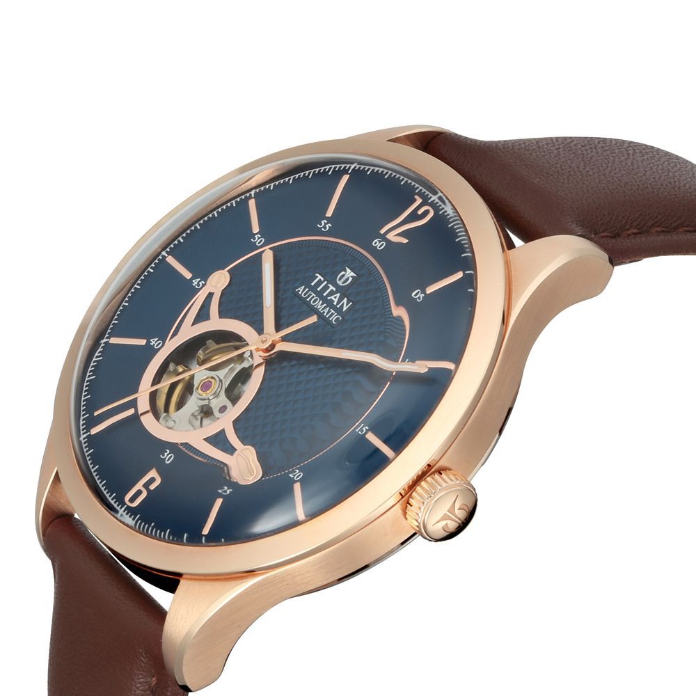 Buy Online Titan Automatic Blue Dial Leather Strap Watch for Men 