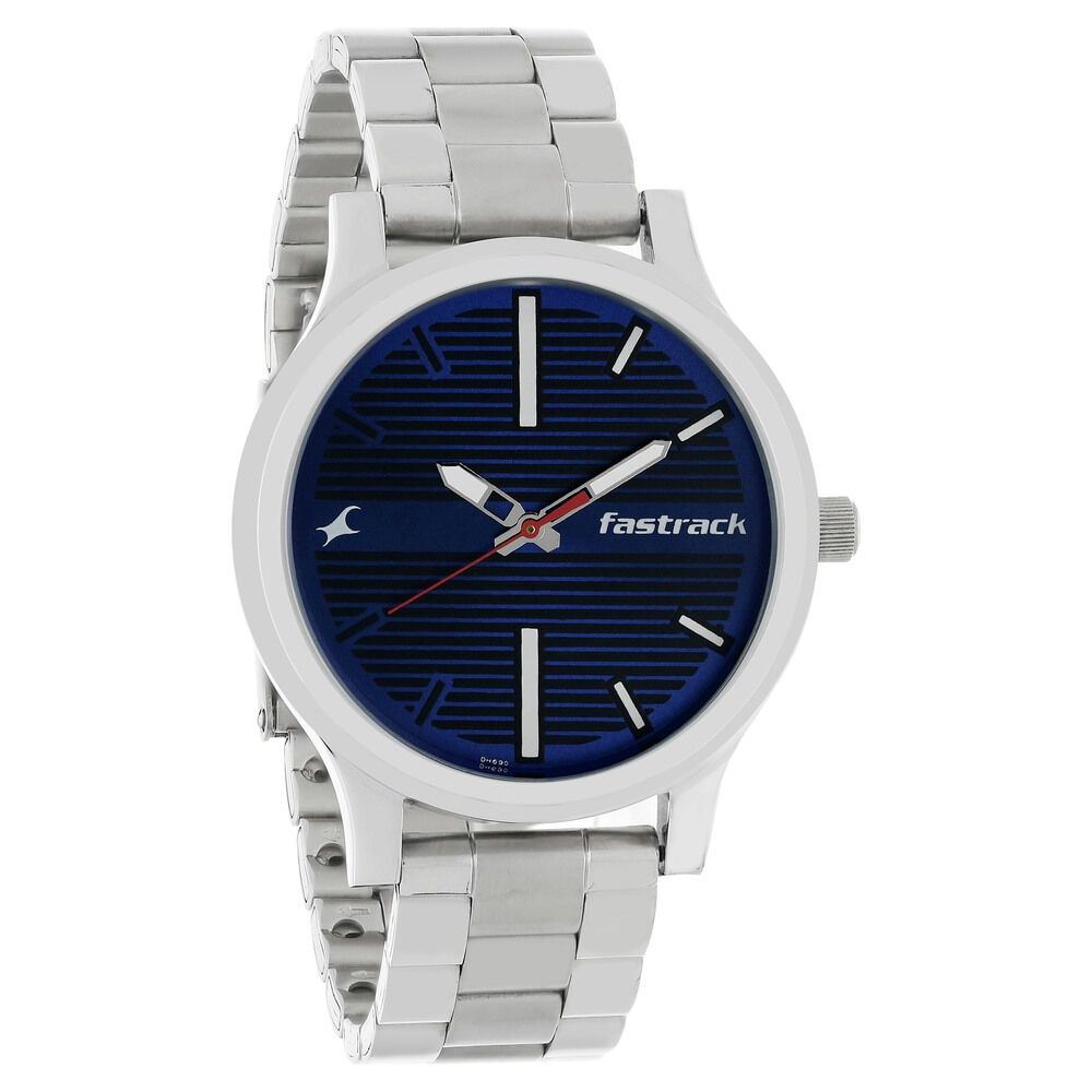 Fastrack Watch Men Silver Tone Blue Round Dial Day Date New Battery 8.75