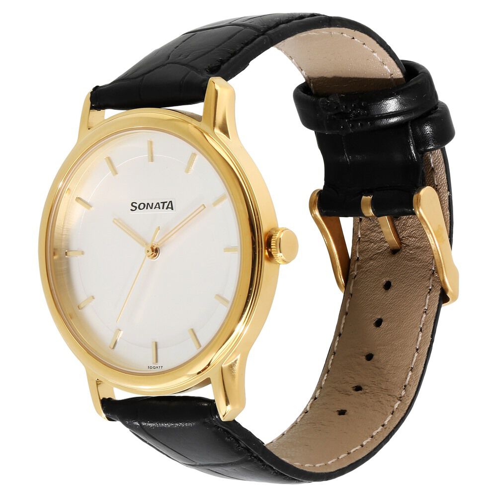 Sonata Men Brass Dial & Leather Straps Analogue Watch 77105NL10W - Price  History