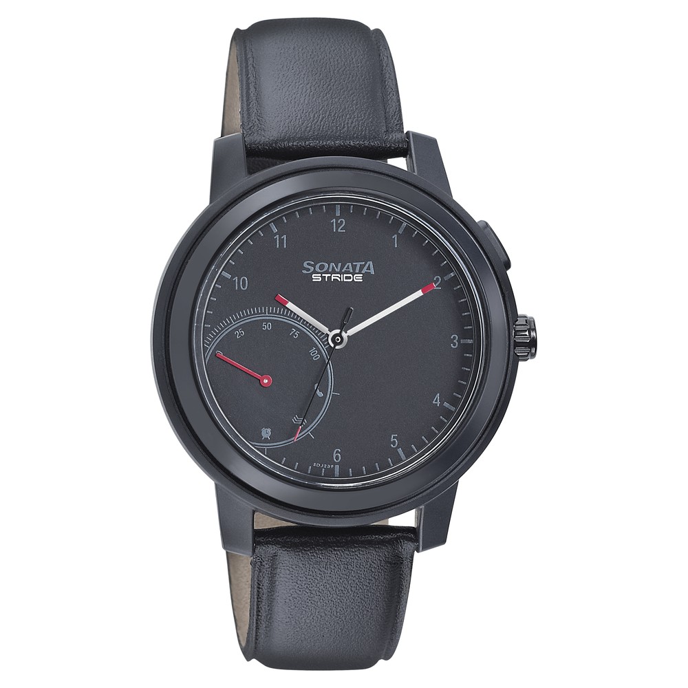 Buy Online Sonata Stride Smart Black Dial Leather Strap Watch for