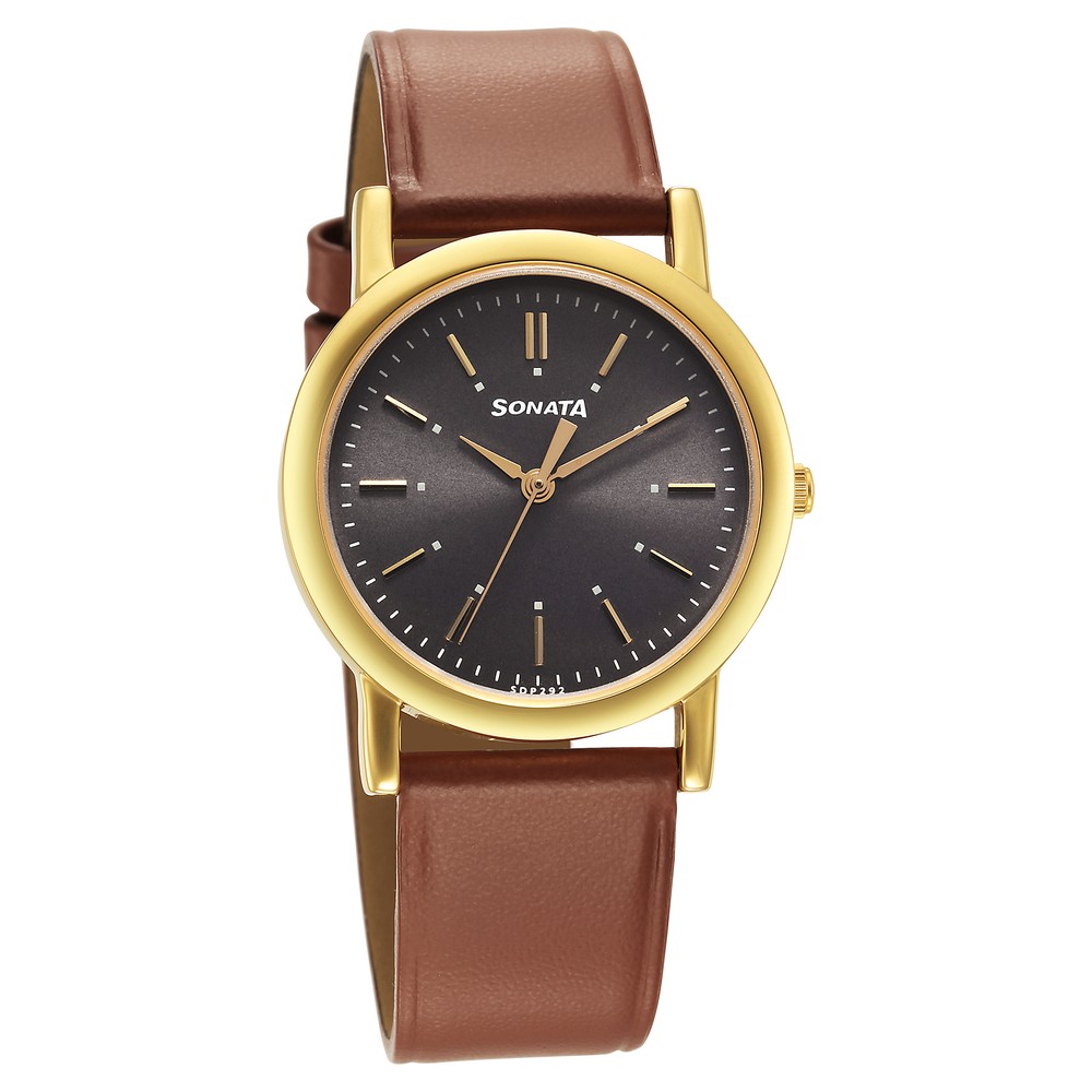 Buy Online Sonata Classic Quartz Analog Grey Dial Brown Leather Strap ...