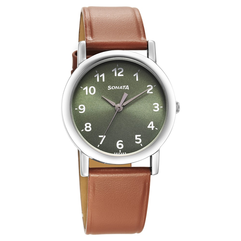 Buy Online Sonata Classic Quartz Analog Green Dial Brown Leather