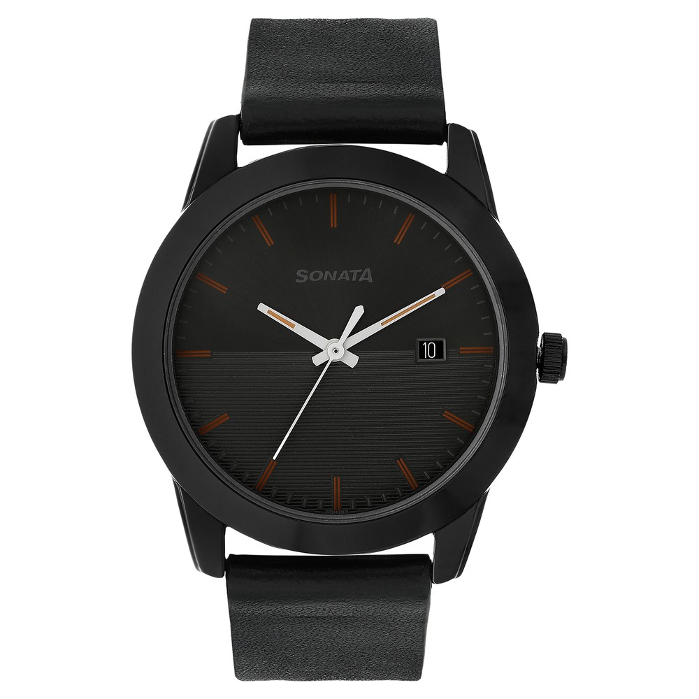 Buy SONATA Black Dial Leather Strap Watch - 7120PL01J | Shoppers Stop