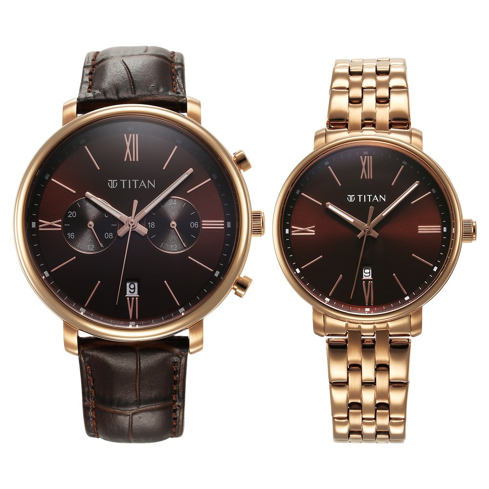 Buy Online Titan Bandhan Quartz Analog with Date Brown Leather and Stainless Steel Strap for Couple 9400794207wz02p p Titan