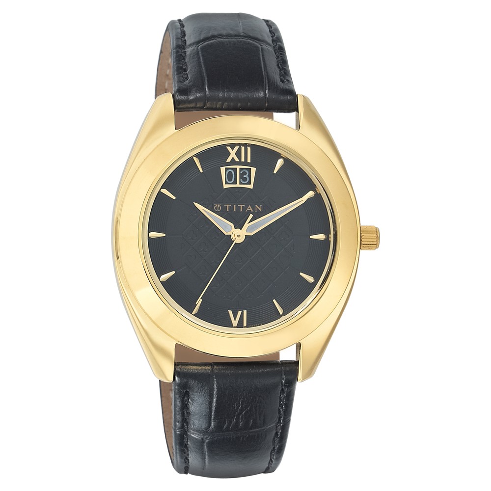 Buy Online Titan Tycoon Black Dial Analog with Date Leather Strap Watch ...