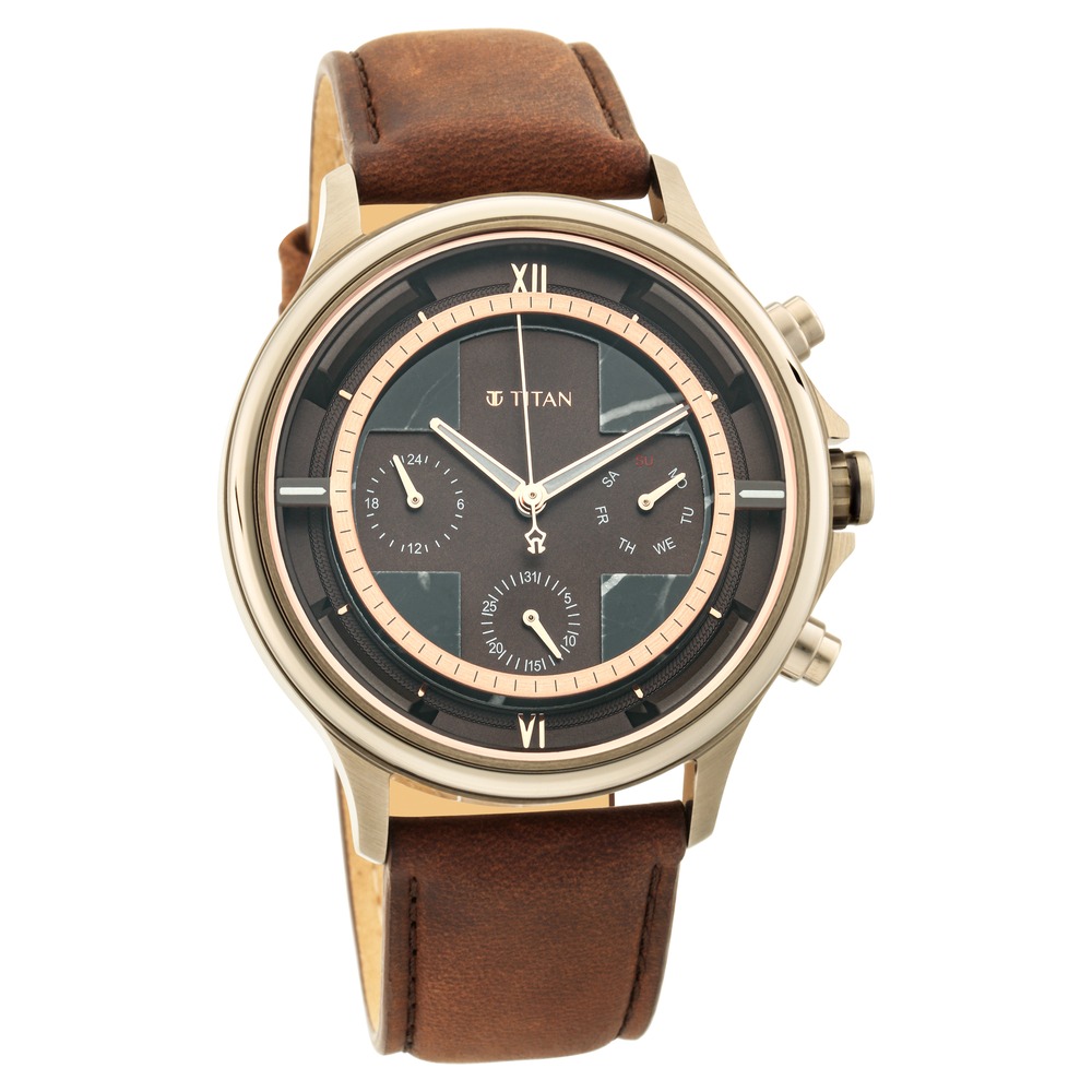 Buy TITAN Mens 43 x 12.1 mm Quartet Brown Dial Leather Analog Watch -  1890WL01 | Shoppers Stop