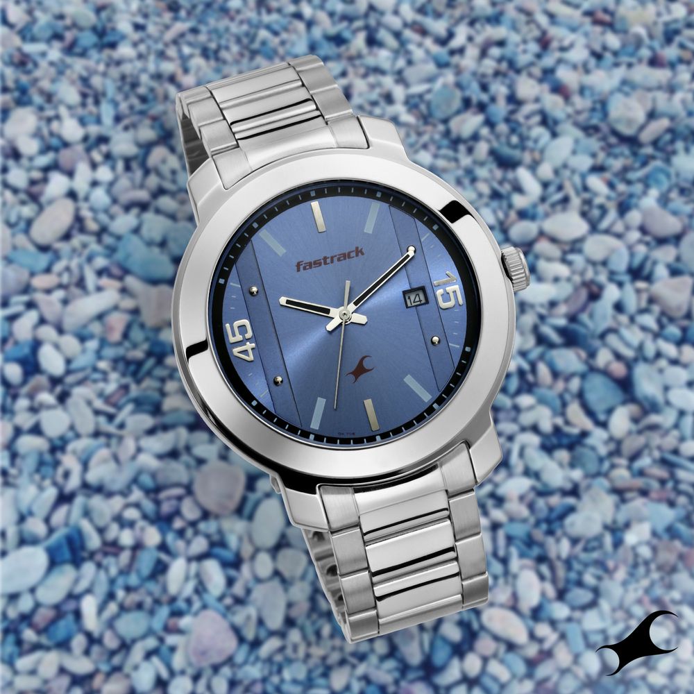 Buy Online Fastrack Bare Basics Quartz Analog with Date Blue Dial Stainless Steel Strap Watch for Guys 3246sm03 p Titan