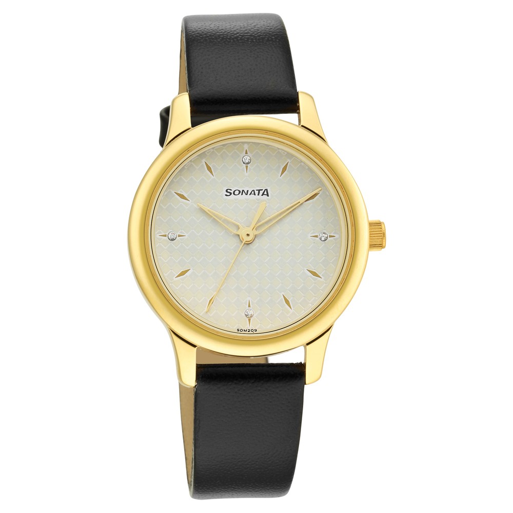 Buy Online Sonata Classic Gold White Dial Leather Strap Watch for