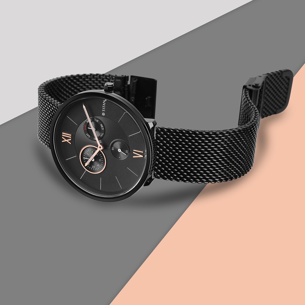 Buy Online Titan Men's Metropolitan Luxe: Multifunction Black Dial with  Two-Tone Stainless Steel Bracelet Watch - nr1733km03 | Titan