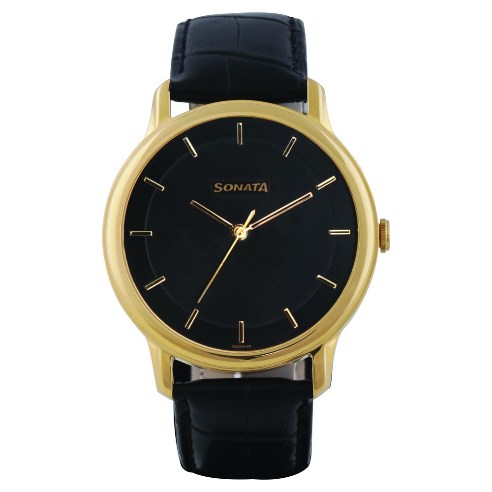 Buy Online Sonata Quartz Analog Black Dial Leather Strap Watch for Men ...