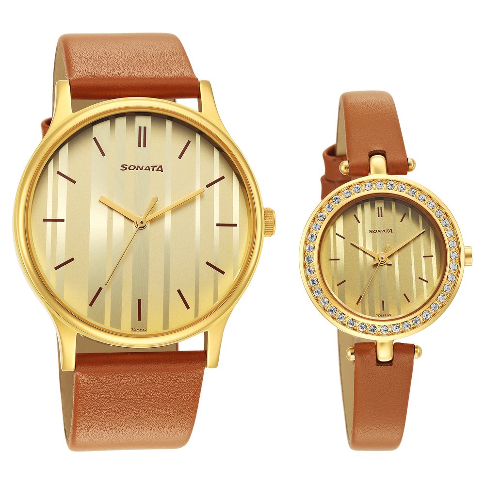 Buy Online Sonata Quartz Analog Champagne Dial Leather Strap Watch