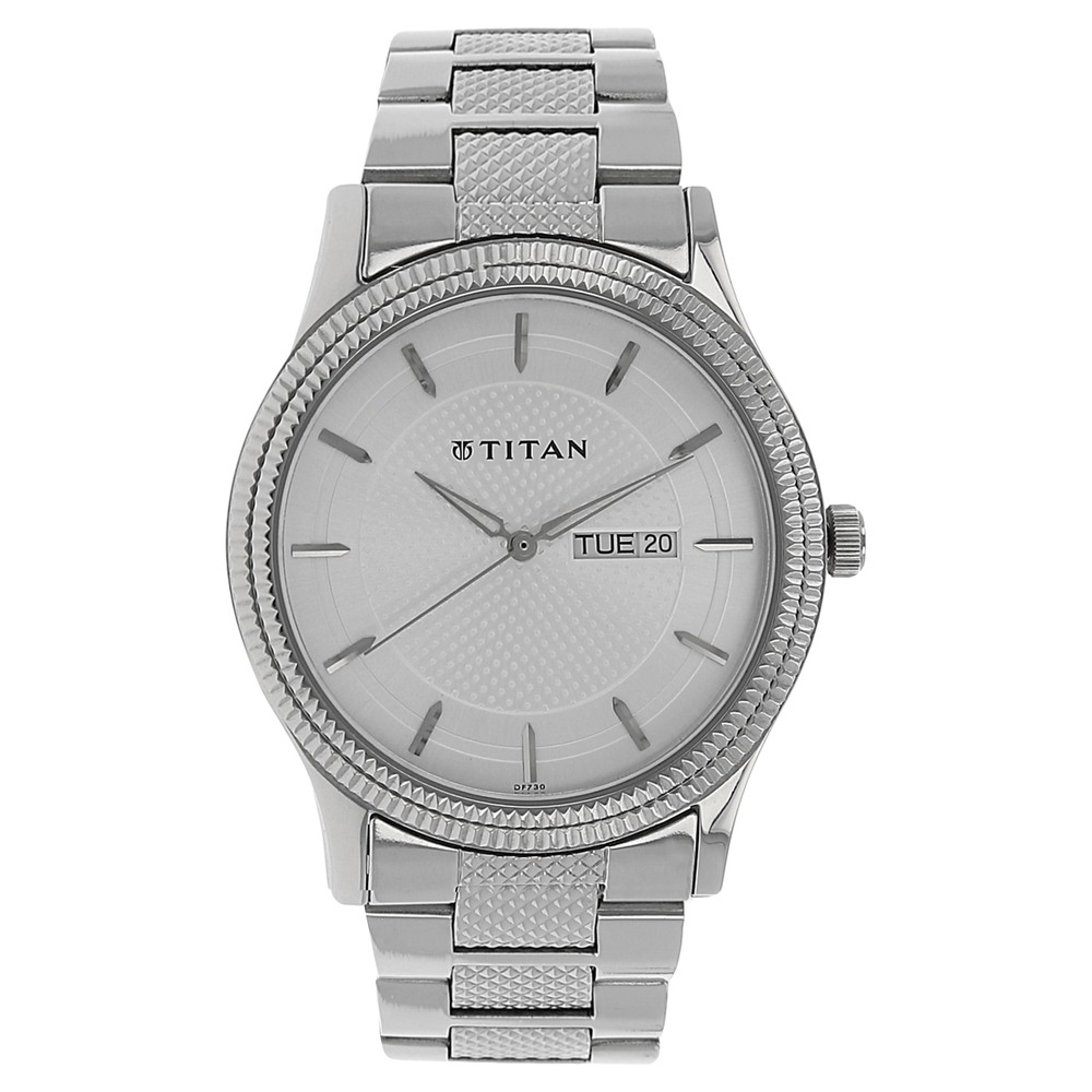 Buy Online Titan Quartz Analog with Day and Date Silver Dial Stainless Steel Strap Watch for Men np1650sm01 Titan