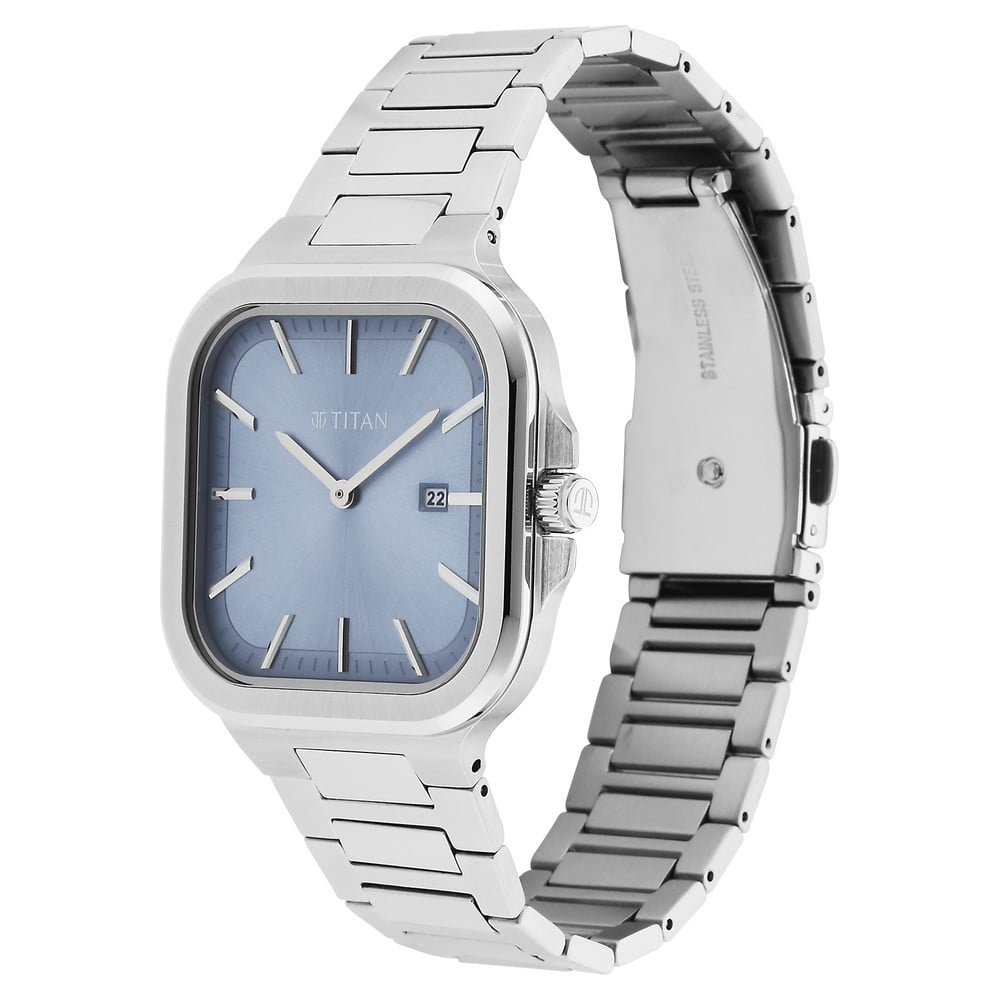 Buy Online Titan Classique Slim Square Quartz Analog With Date Blue Dial Stainless Steel Strap 1499