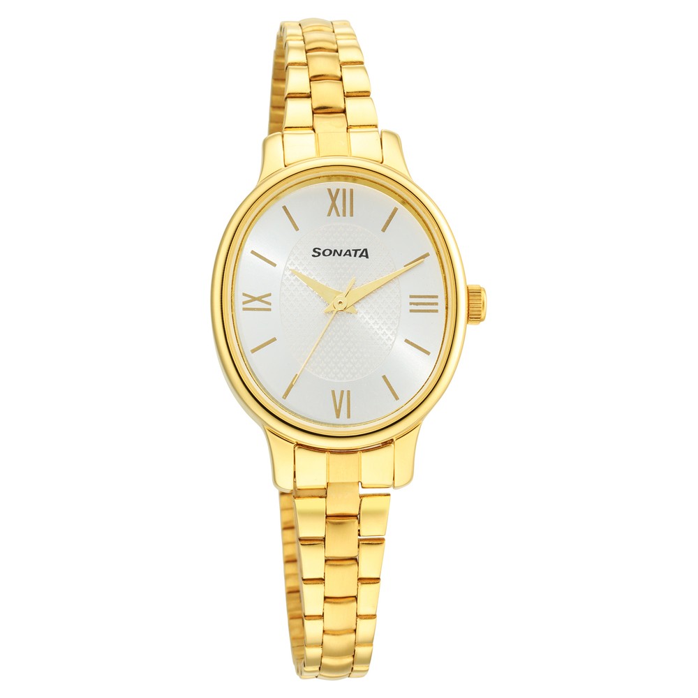 Sonata Classic Gold Blue Dial Leather Strap Watch for Women