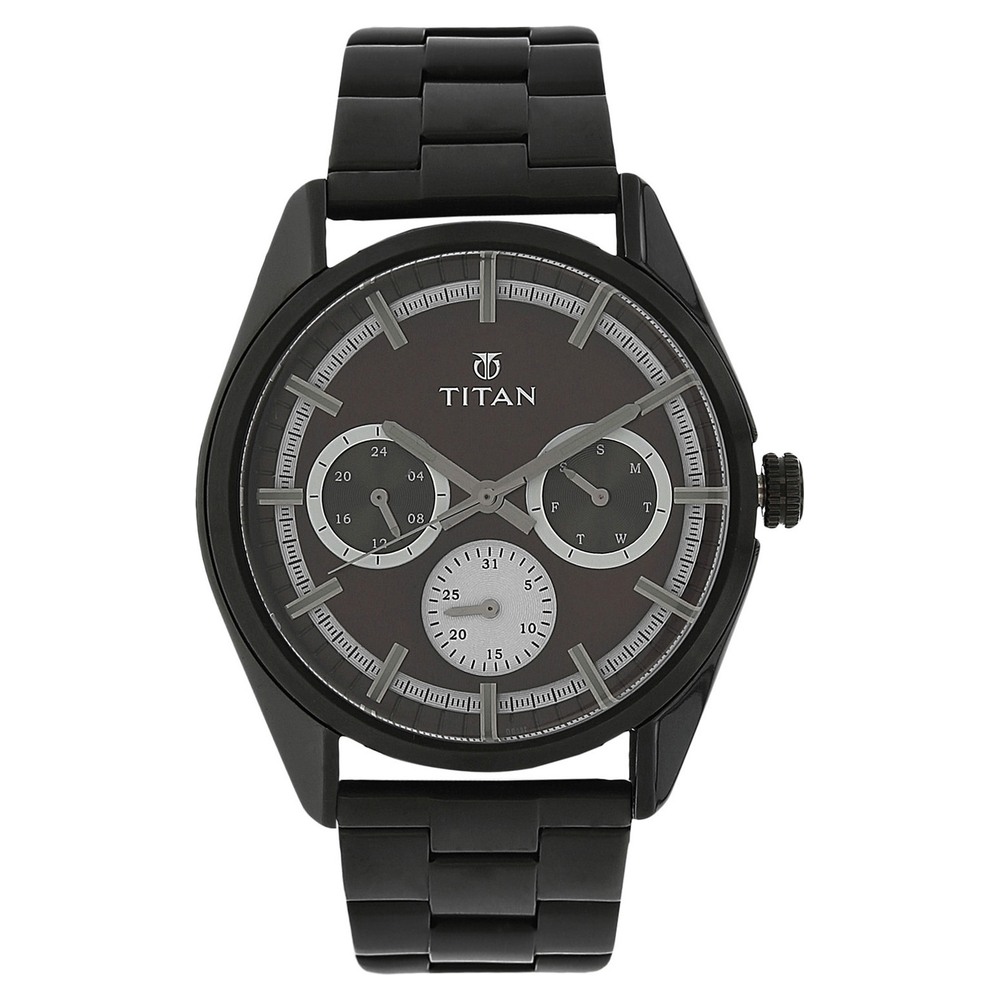 Buy Online Titan Purple Past Modern Brown Dial Quartz Multifunction Stainless Steel Strap Watch for Men 90084nm01 Titan