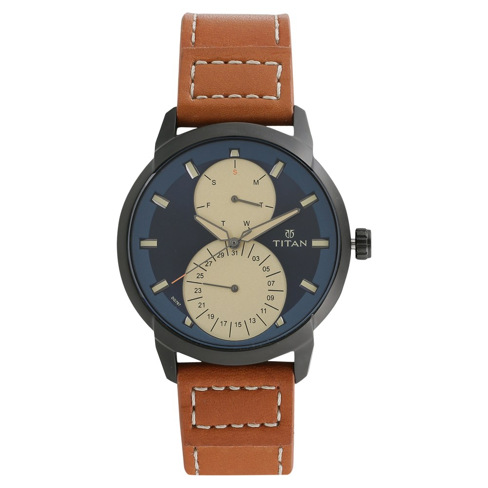 Buy Online Titan Quartz Multifunction Blue Dial Leather Strap Watch for Men ns1756nl01 Titan