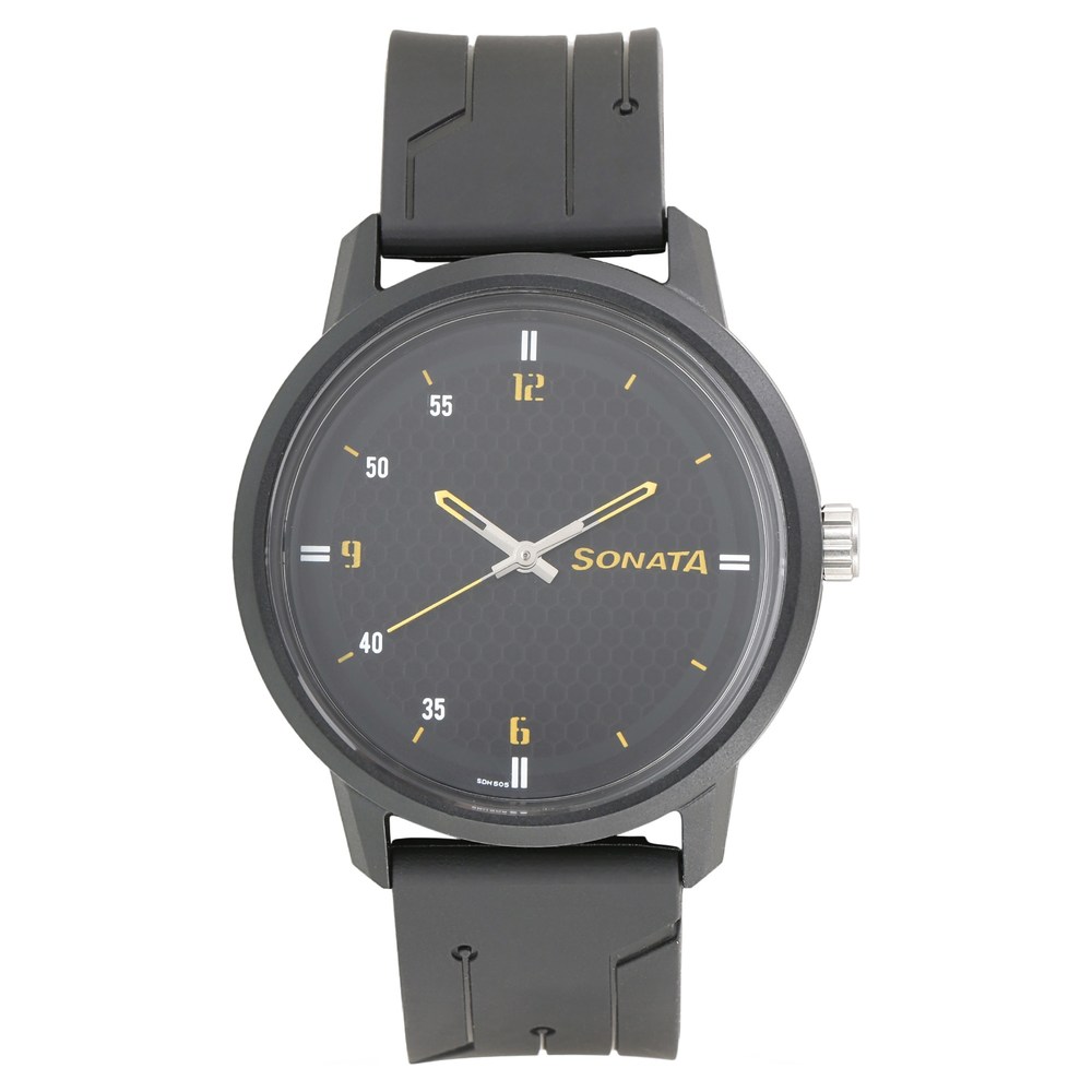 Sonata Force Quartz Analog with Day and Date Black Dial Leather Strap Watch  for Men