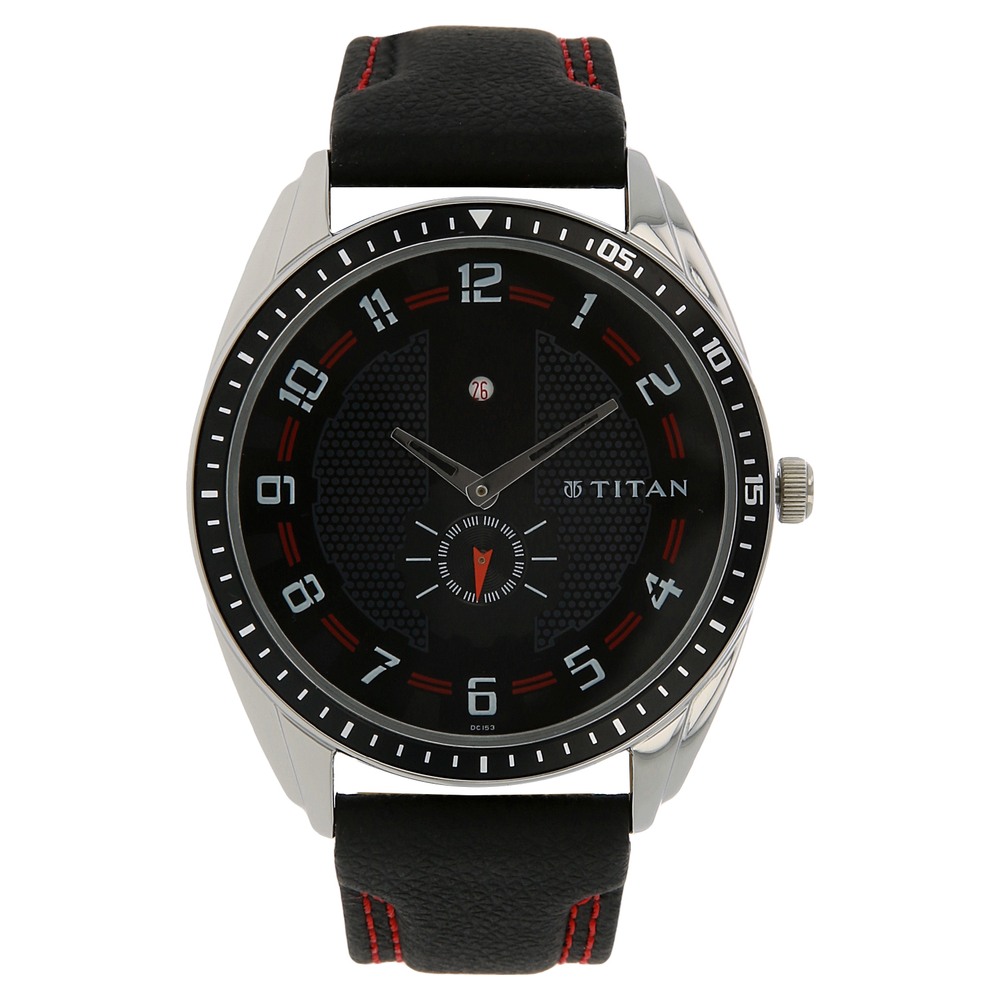 Buy Online Titan Quartz Analog with Date Black Dial Leather Strap