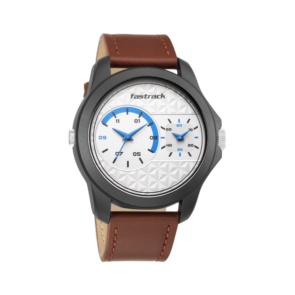 Buy Online Fastrack Dual Time Quartz Analog White Dial Leather Strap Watch for Guys np38042pl01 Titan