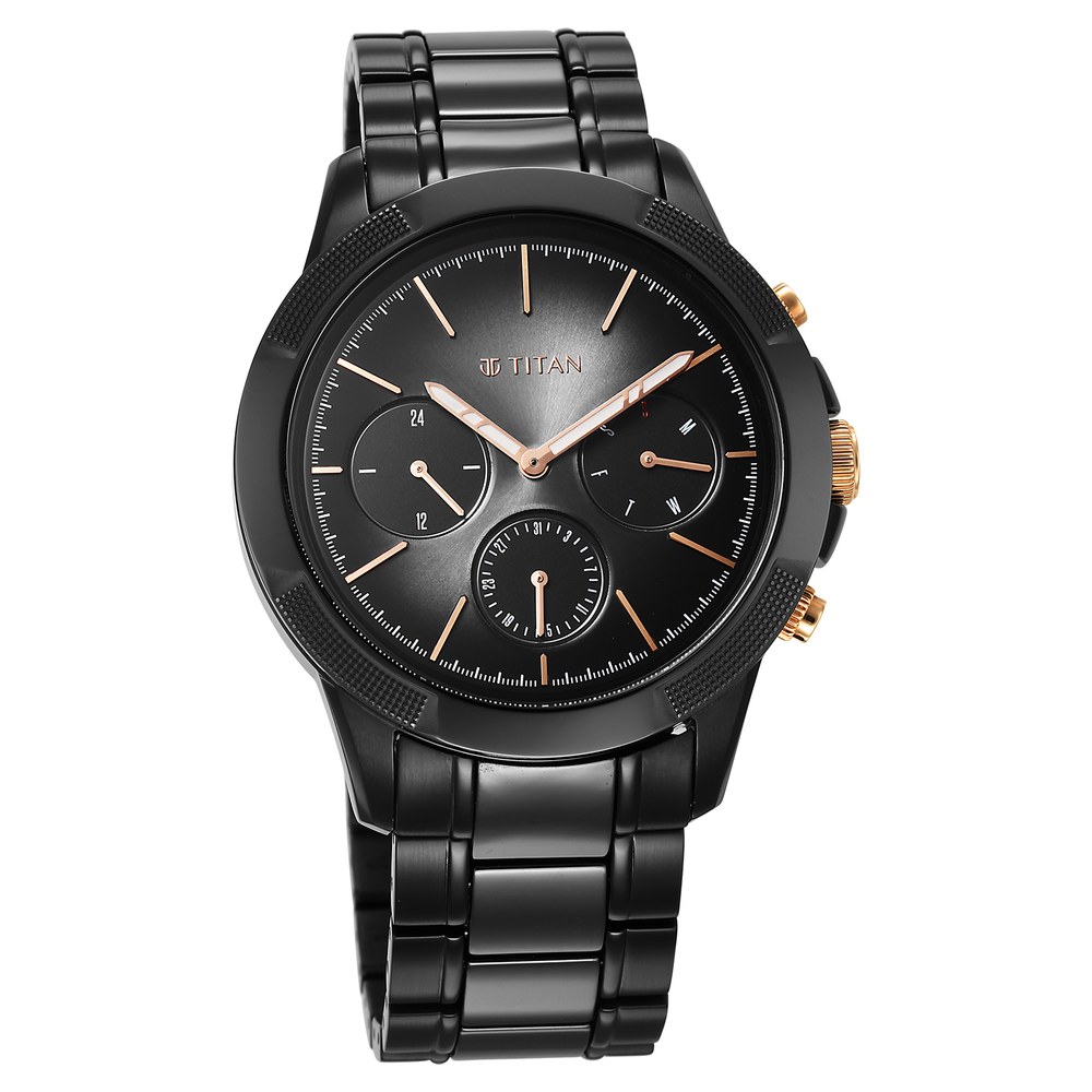 Buy Online Titan Quartet Black Dial Analog with Day and Date Steel and ...