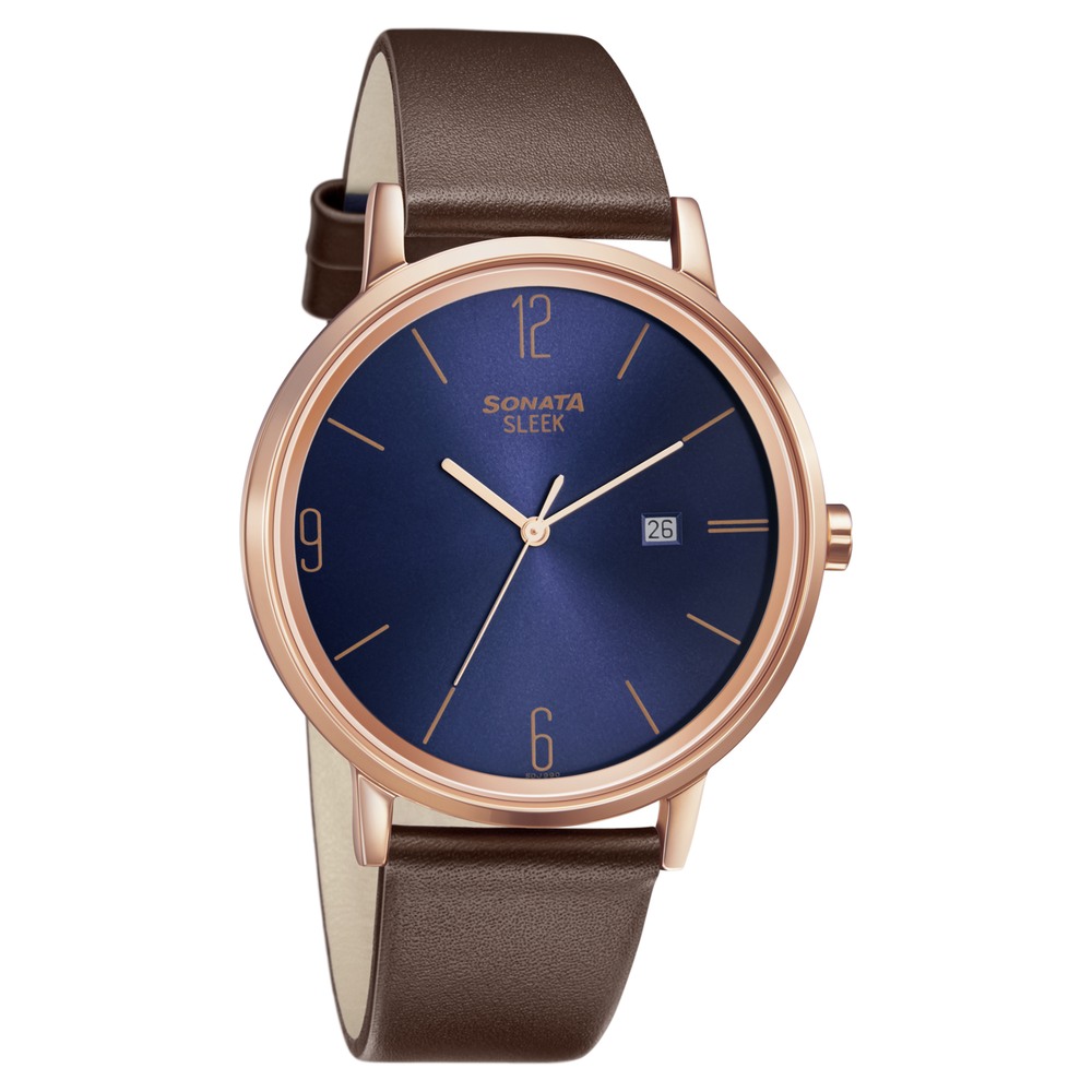 Buy Online Sonata Quartz Analog with Date Blue Dial Leather Strap Watch ...