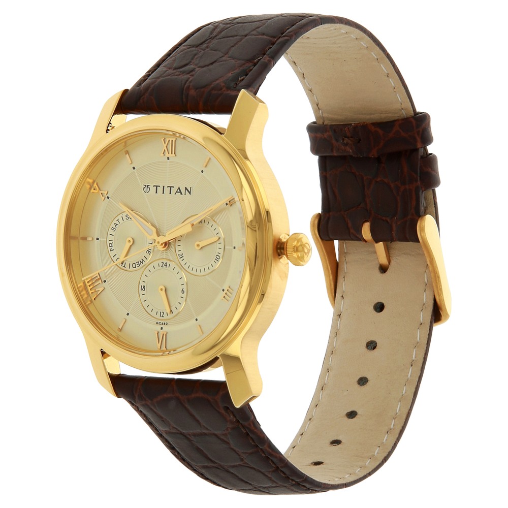 Buy Online Titan Quartz Multifunction Champagne Dial Leather Strap Watch For Men Nf1618yl01 1635